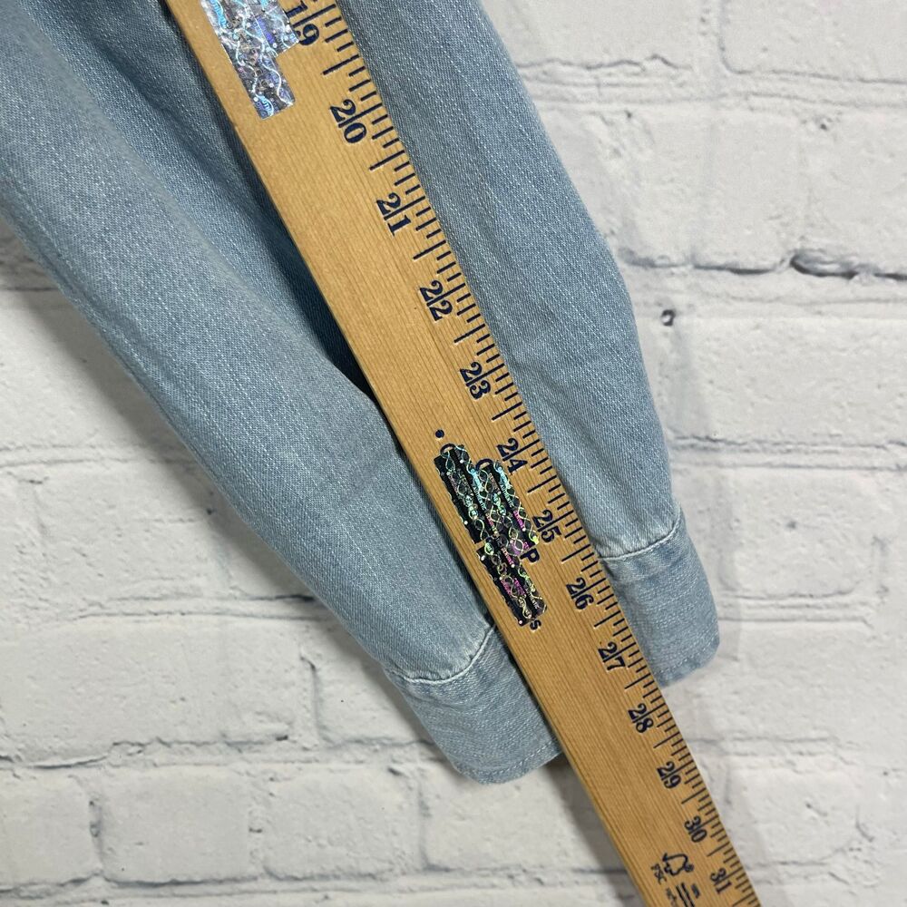 Cowgirl Shirt Women Large Cotton Snap Button Chambray Sequin Western Chic Top - Picture 12 of 13